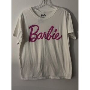 Official BARBIE Pink Logo White T-Shirt Women XL Mattel Lets Go Barbie